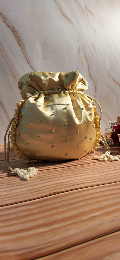 Pearl White Silk Embroidered Women Potli Bag