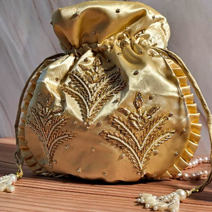 Pearl White Silk Embroidered Women Potli Bag