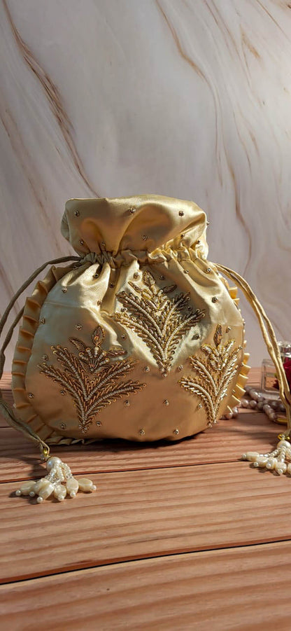 Pearl White Silk Embroidered Women Potli Bag