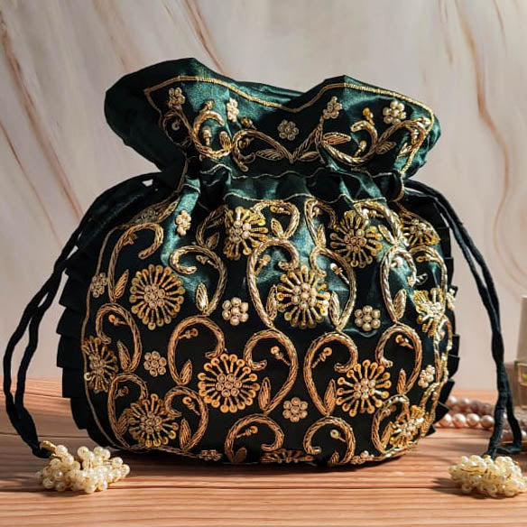 Emerald Green Silk Embroidered Women Potli Bag