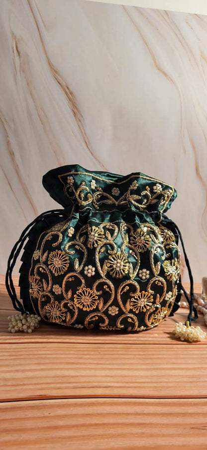 Emerald Green Silk Embroidered Women Potli Bag