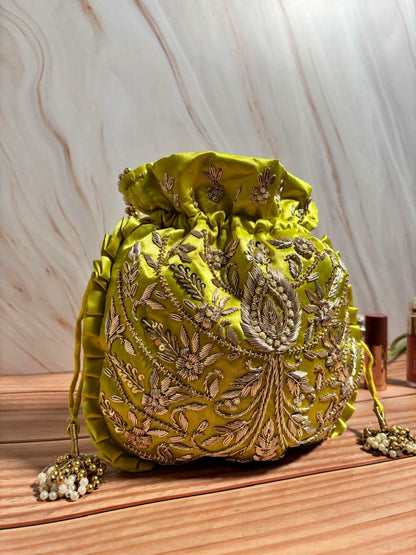 Lime Green Silk Embroidered Women Potli Bag (With Handle)