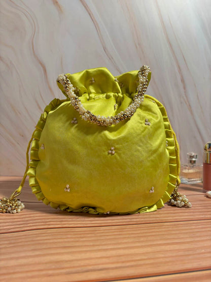 Lime Green Silk Embroidered Women Potli Bag (With Handle)