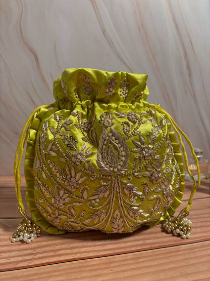 Lime Green Silk Embroidered Women Potli Bag (With Handle)