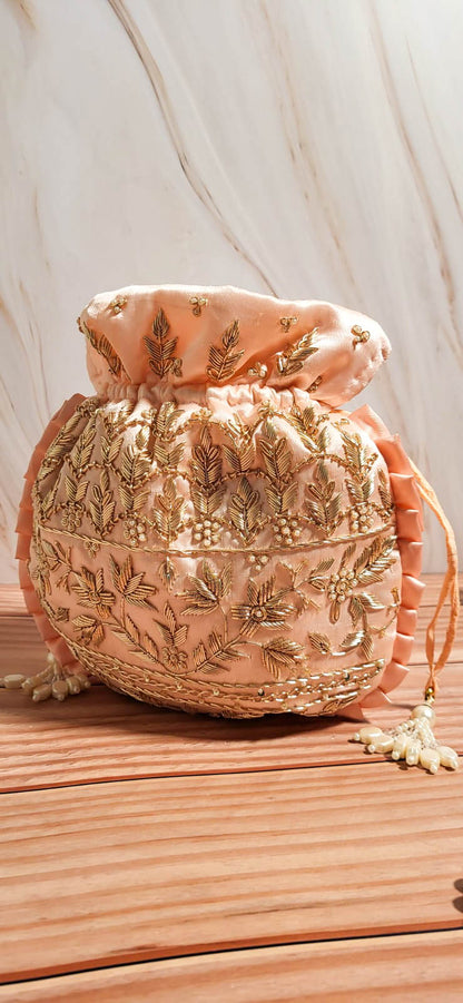 Nude Pink Silk Embroidered Women Potli Bag (With Handle)