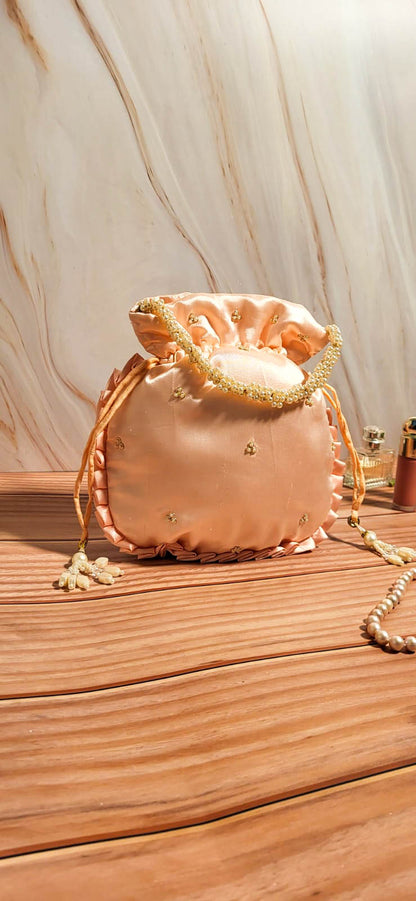 Nude Pink Silk Embroidered Women Potli Bag (With Handle)