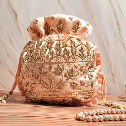 Nude Pink Silk Embroidered Women Potli Bag (With Handle)