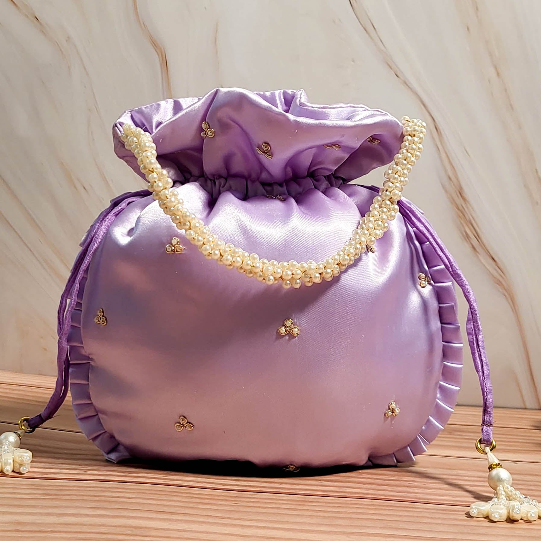 Lavender Silk Embroidered Women Potli Bag (With Handle)