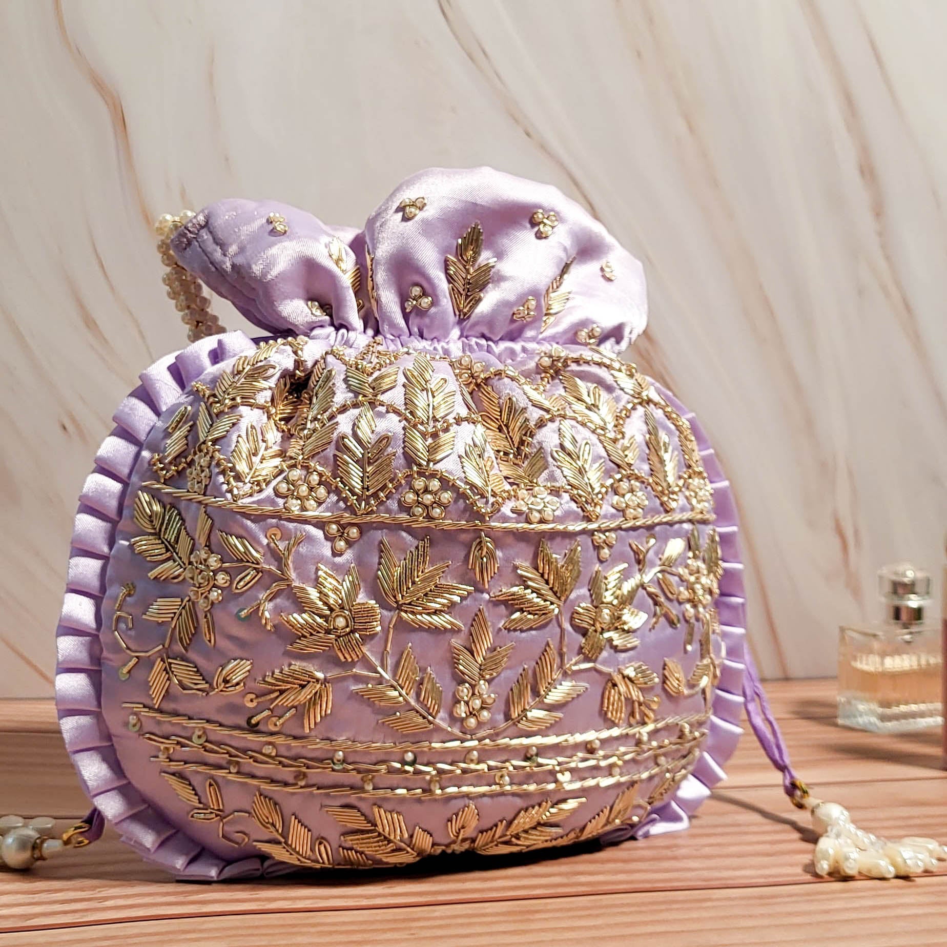 Lavender Silk Embroidered Women Potli Bag (With Handle)