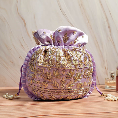 Lavender Silk Embroidered Women Potli Bag (With Handle)