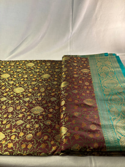 Maroon Soft Satin Silk Tanchoi Jamawar Banarasi Handloom Saree