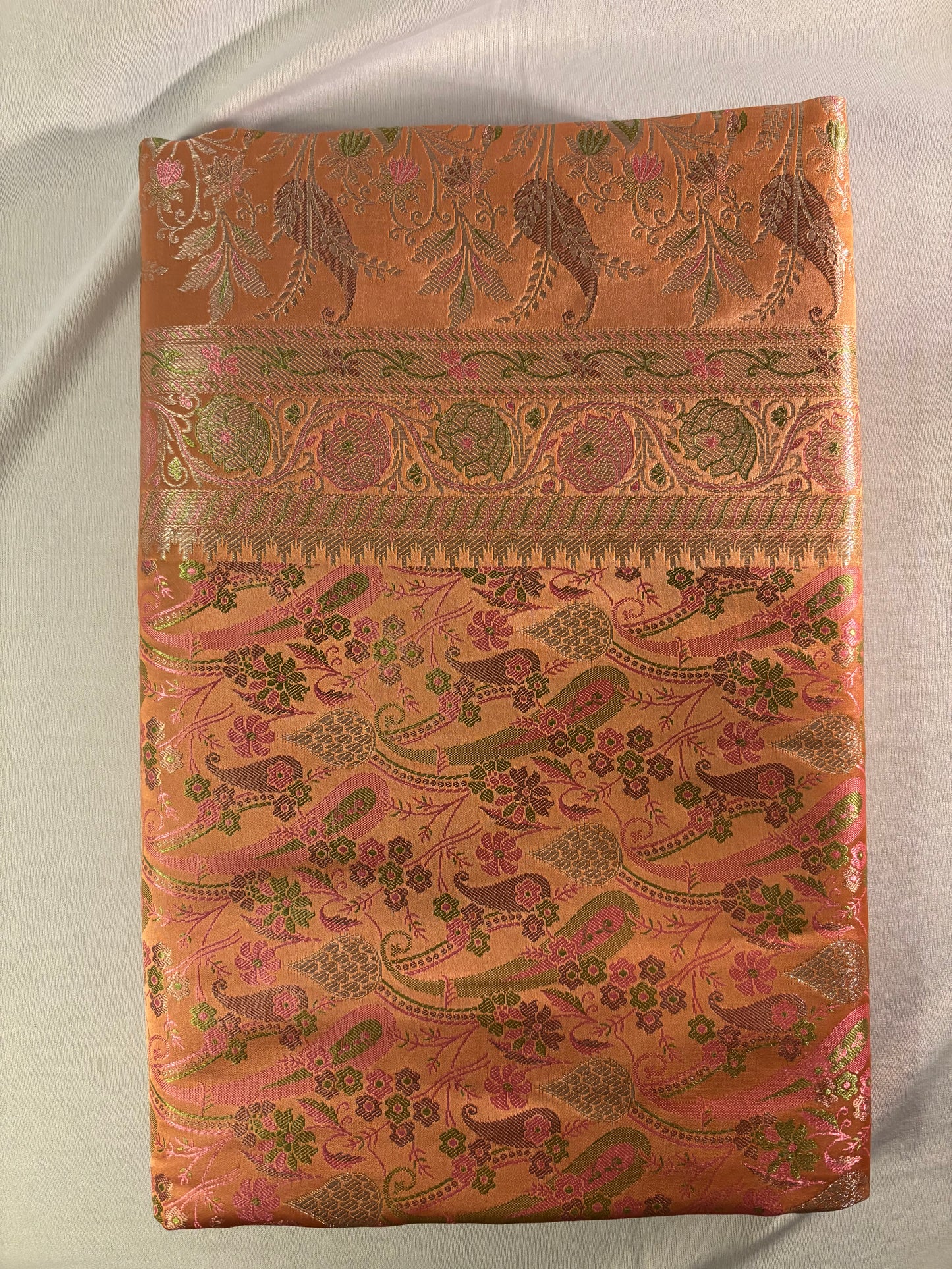 Peach Soft Satin Silk Tanchoi Jamawar Banarasi Handloom Saree