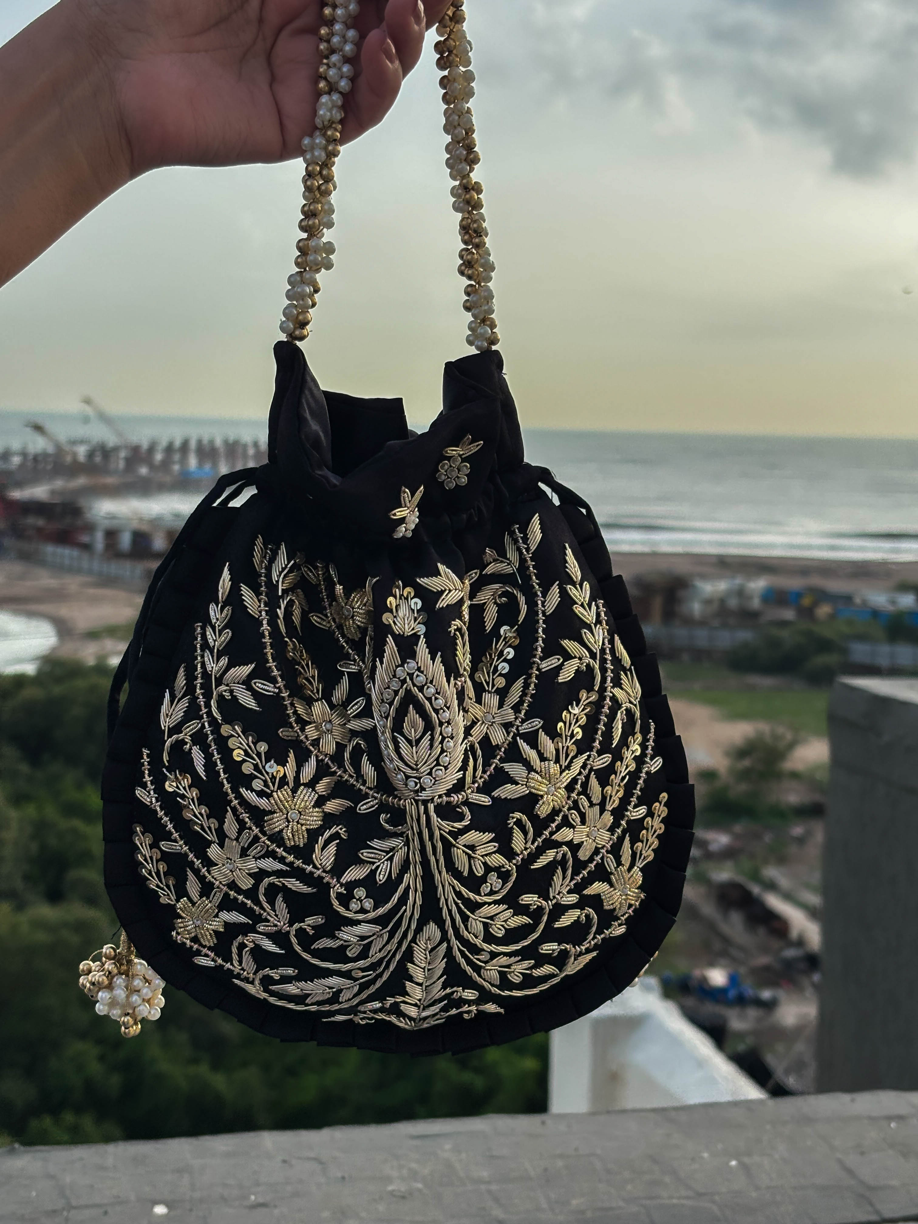 Black Gold Silk Embroidered Potli Bag (With Handle)