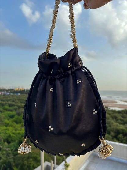 Black Gold Silk Embroidered Potli Bag (With Handle)