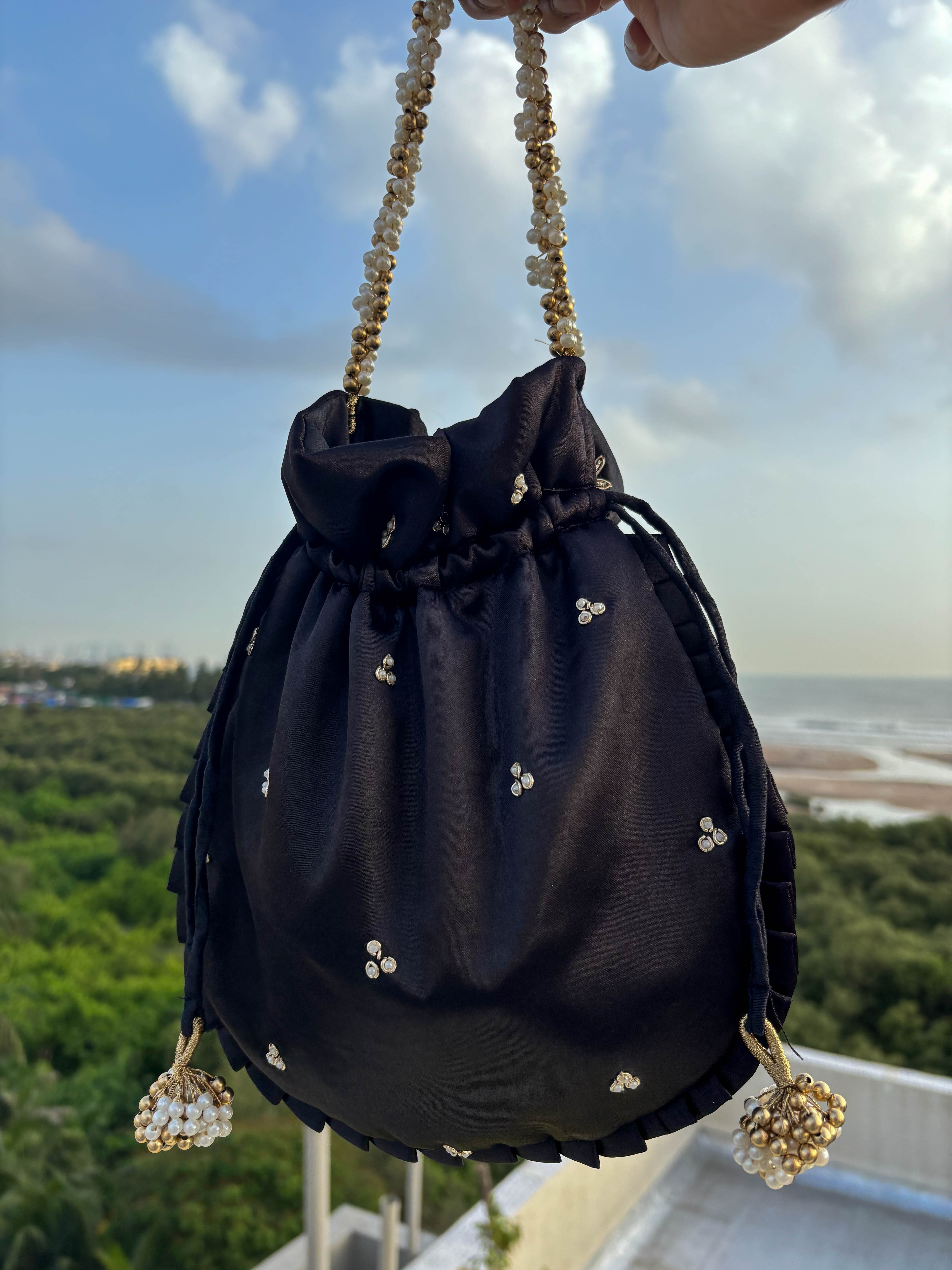 Black Gold Silk Embroidered Potli Bag (With Handle)