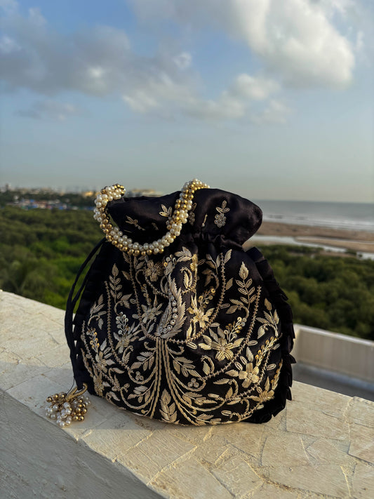 Black Gold Silk Embroidered Potli Bag (With Handle)