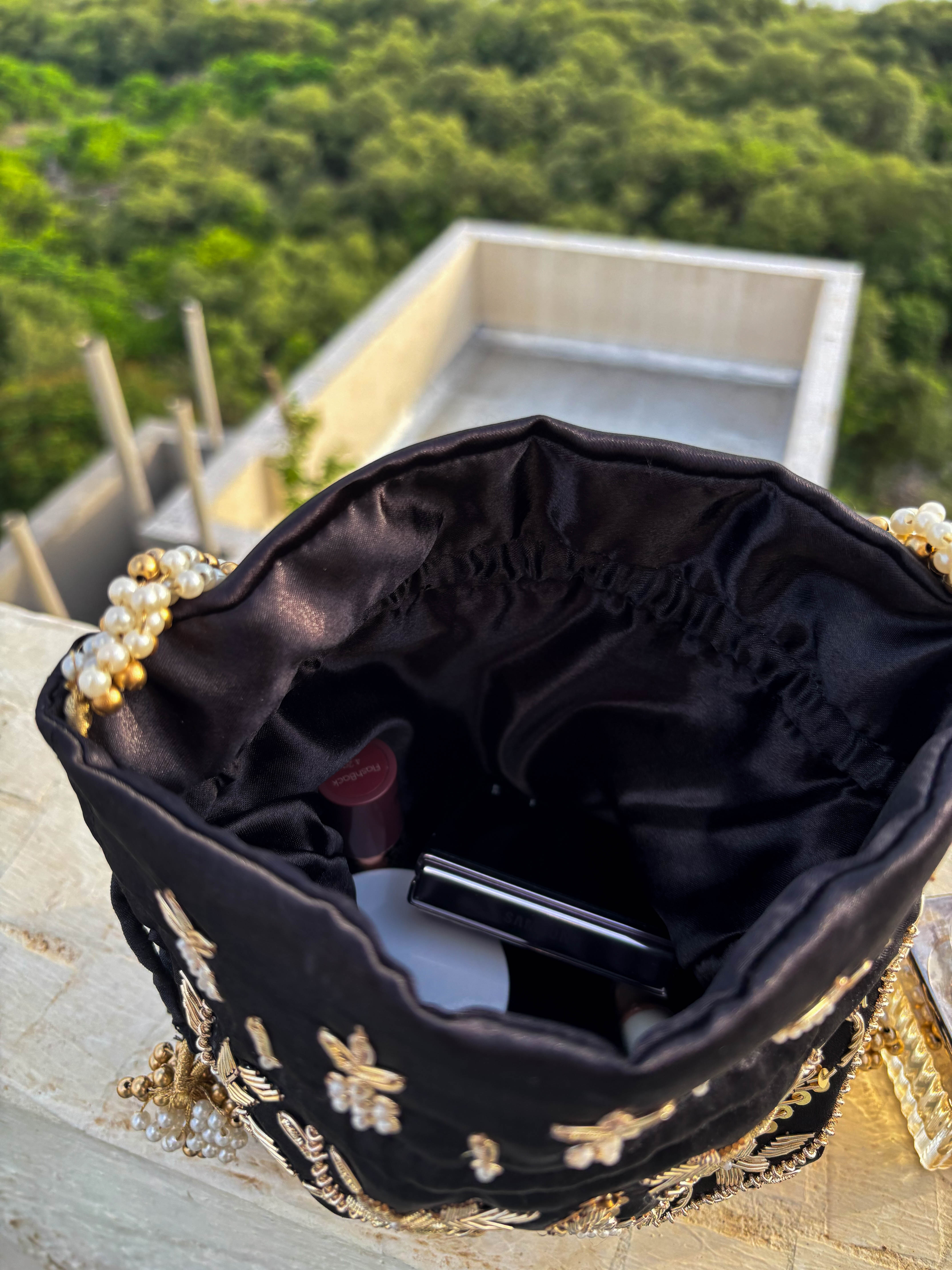 Black Gold Silk Embroidered Potli Bag (With Handle)