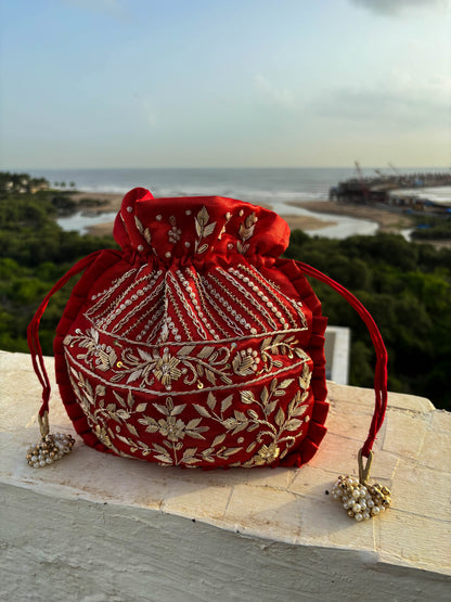 Sparkle Red Silk Embroidered Potli Bag (With Handle)