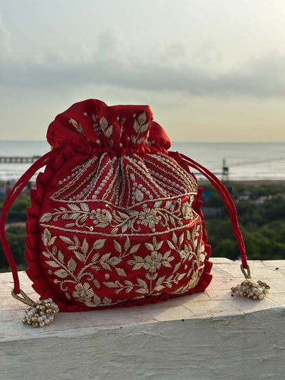 Sparkle Red Silk Embroidered Potli Bag (With Handle)