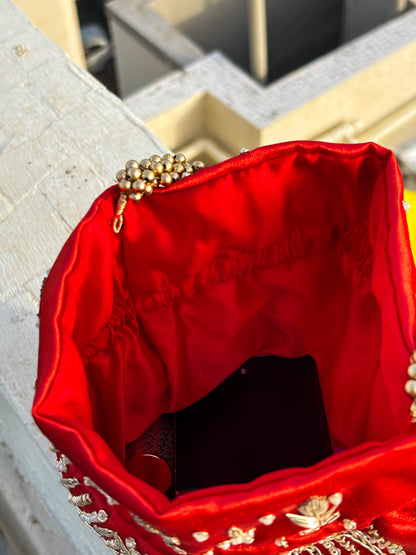 Sparkle Red Silk Embroidered Potli Bag (With Handle)