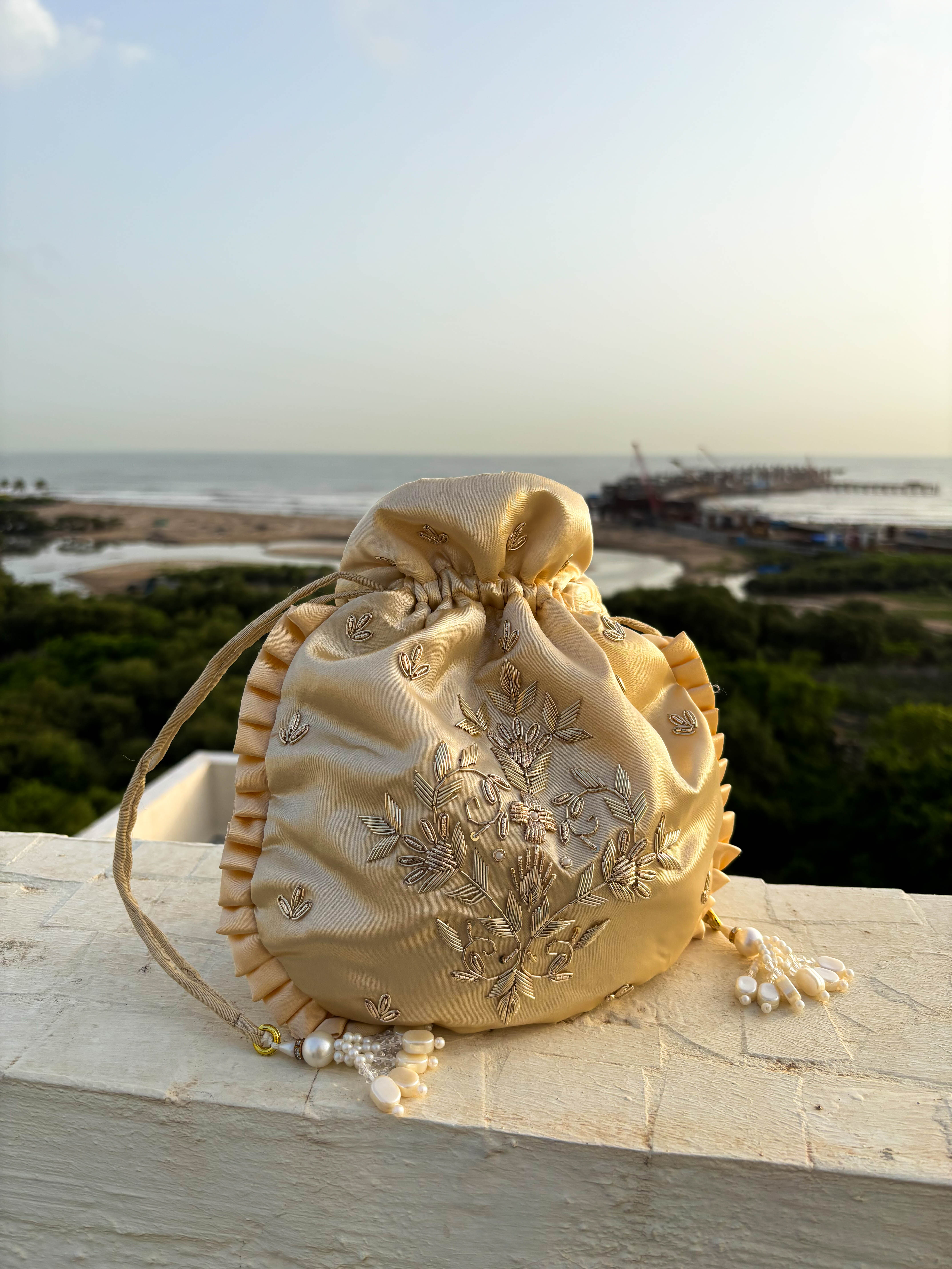 Cream Silk Embroidered Potli Bag (With Handle)