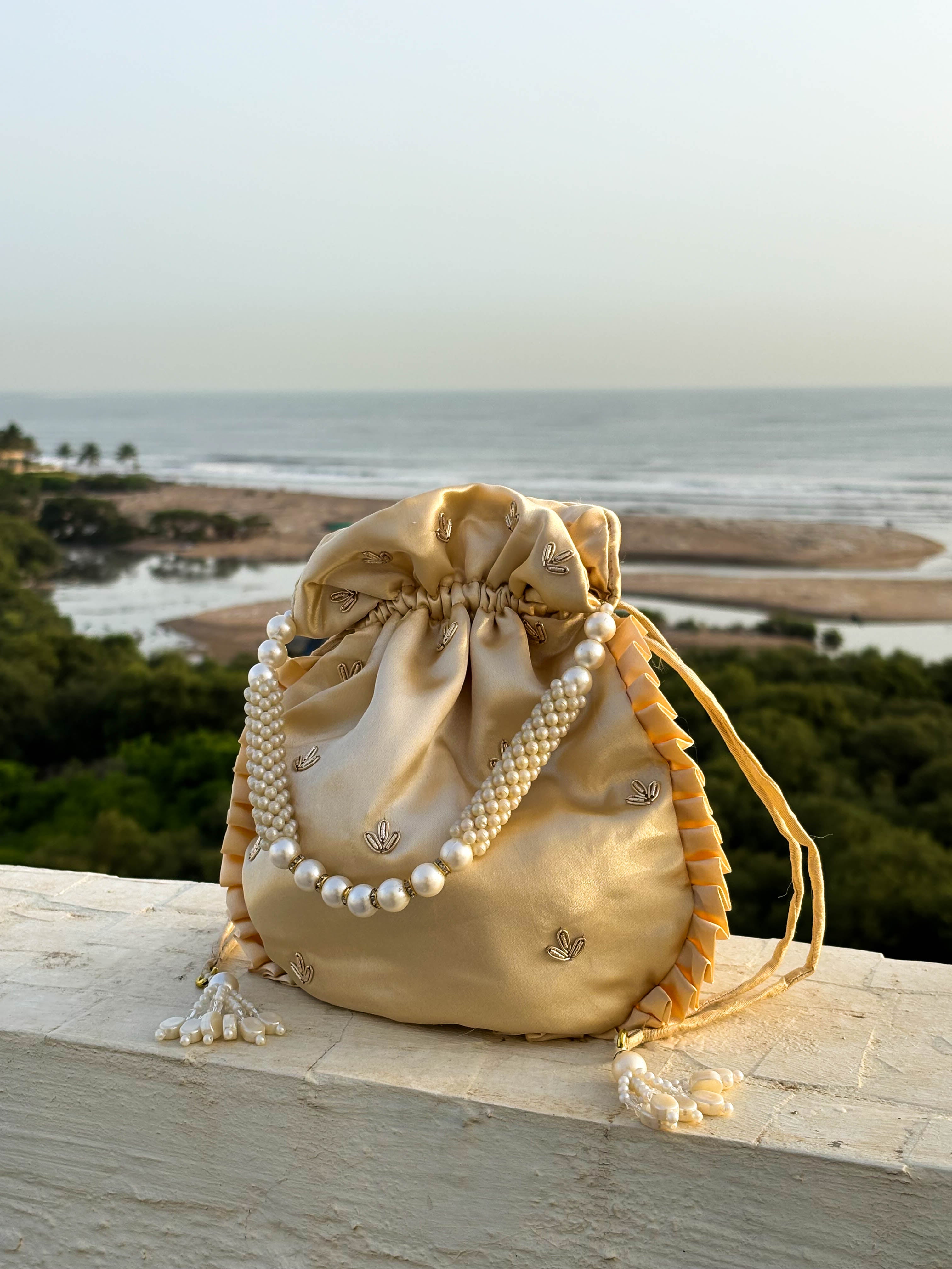 Cream Silk Embroidered Potli Bag (With Handle)