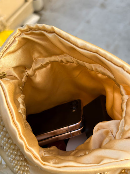 Cream Silk Embroidered Potli Bag (With Handle)