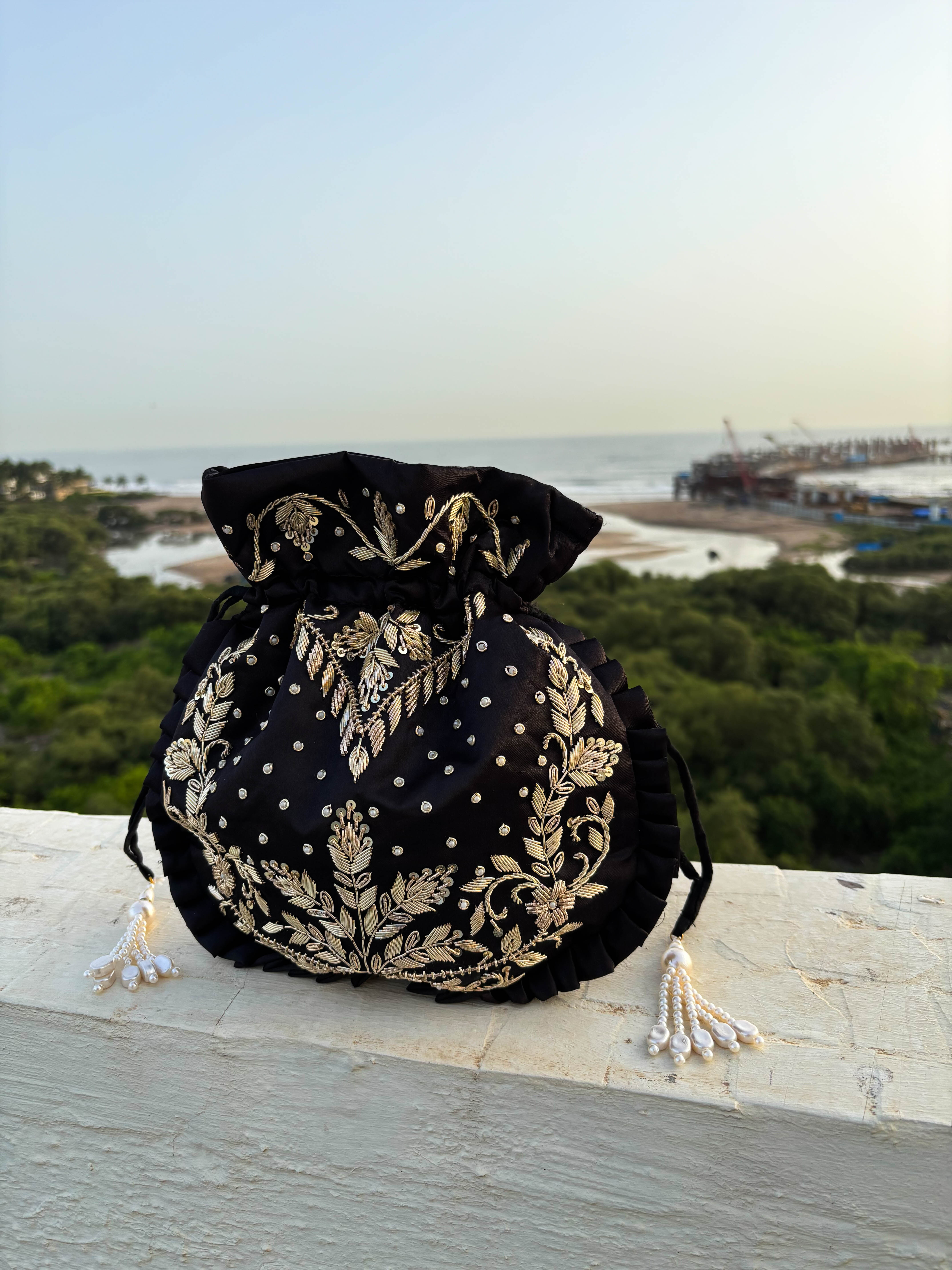Black Dot Pattern Silk Embroidered Potli Bag (With Handle)