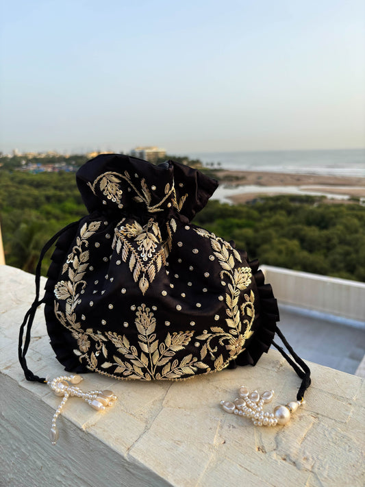 Black Dot Pattern Silk Embroidered Potli Bag (With Handle)