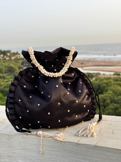 Black Dot Pattern Silk Embroidered Potli Bag (With Handle)