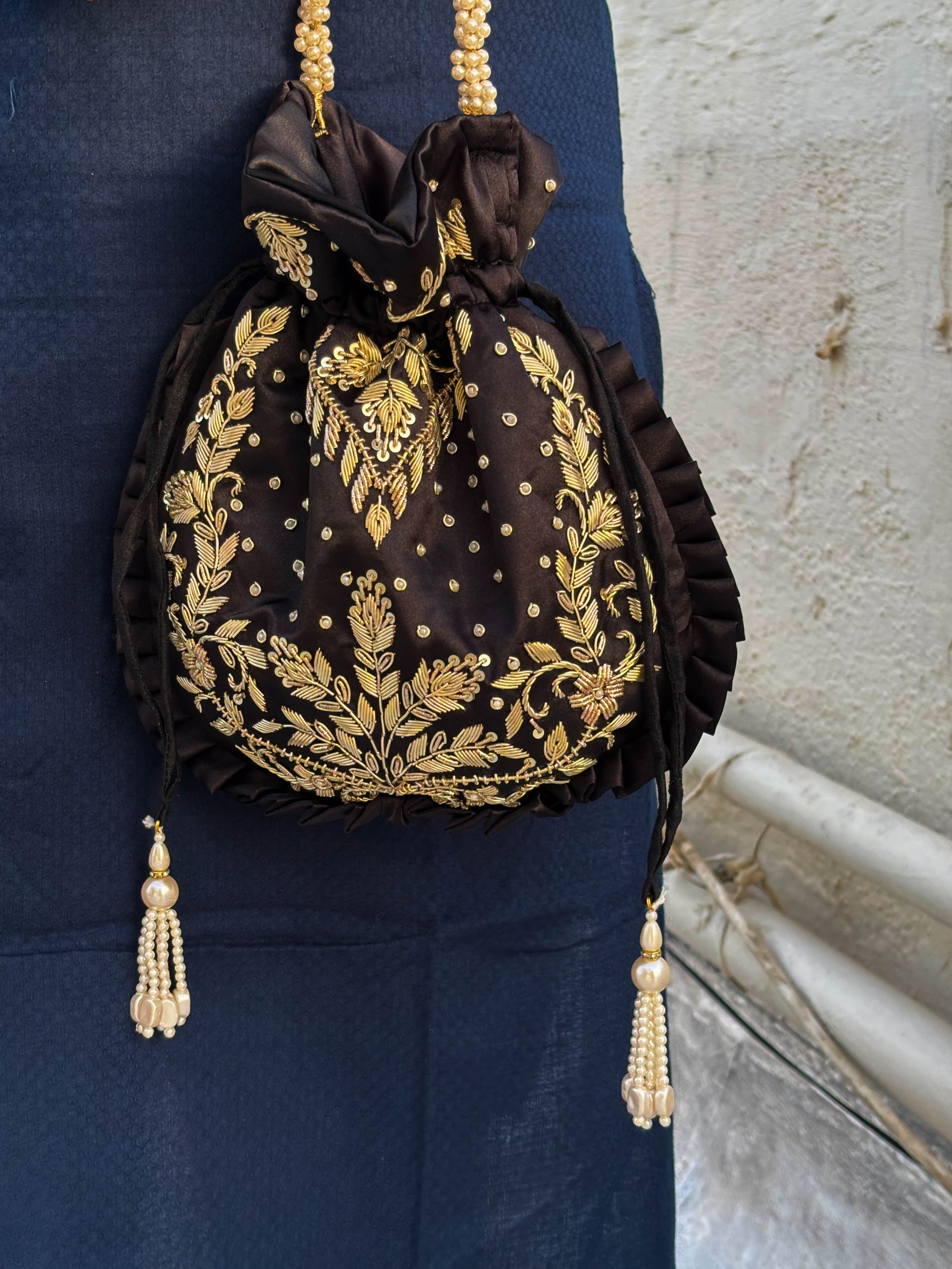Black Dot Pattern Silk Embroidered Potli Bag (With Handle)