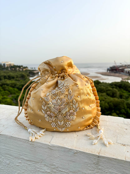Beige Silk Embroidered Potli Bag (With Handle)