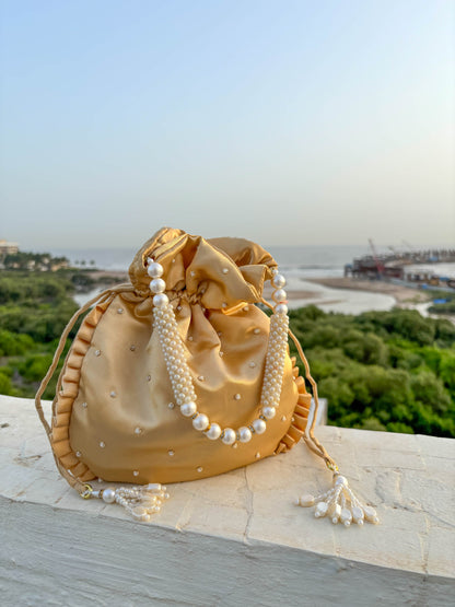 Beige Silk Embroidered Potli Bag (With Handle)