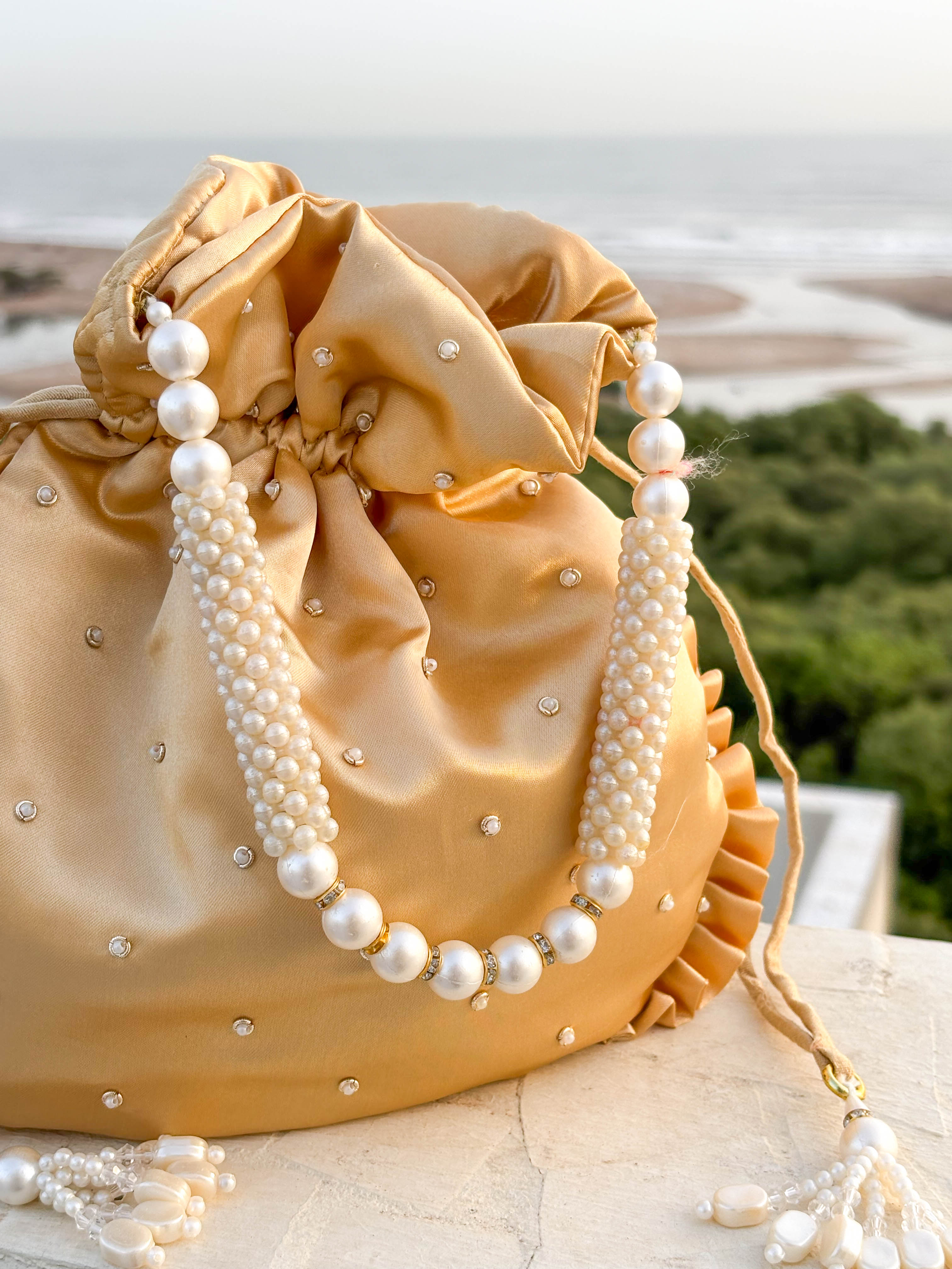 Beige Silk Embroidered Potli Bag (With Handle)