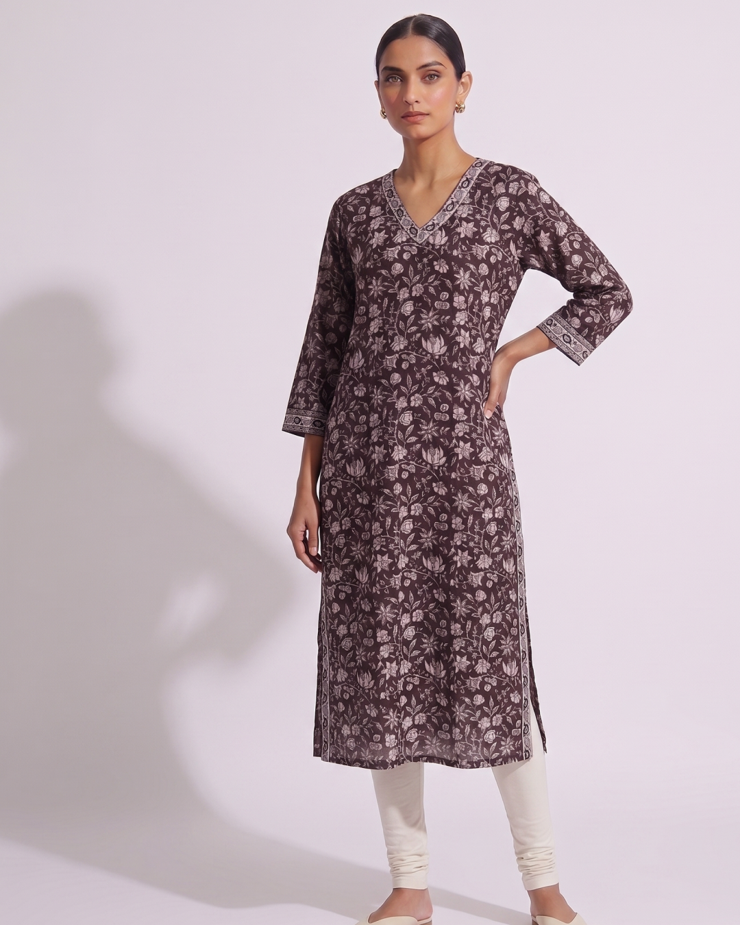 Black Noir Floral Pure Hand Block Print pintuck Cotton Kurti