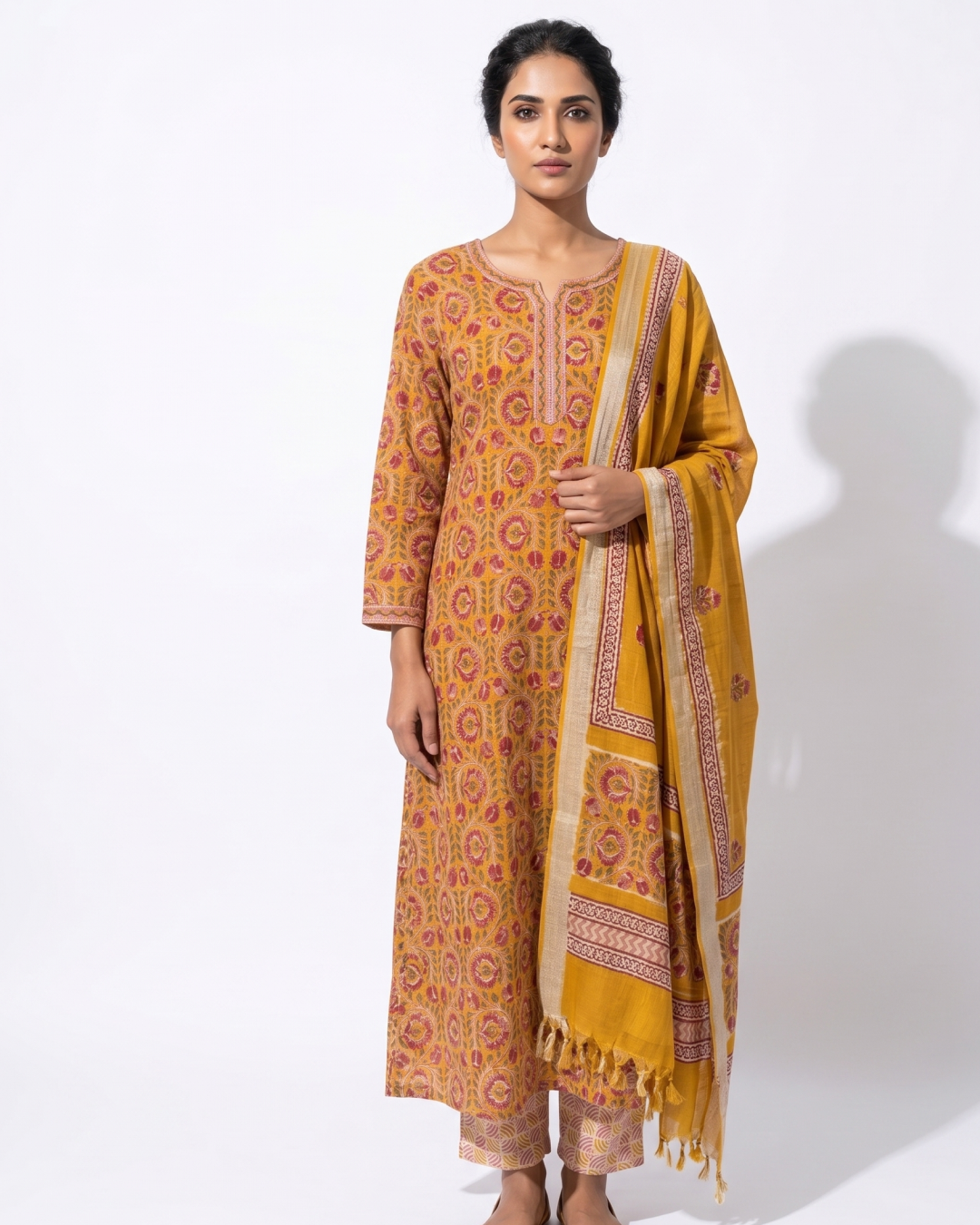 Marigold Heritage 3-Piece Pure Hand Block Chanderi Silk Suit Set