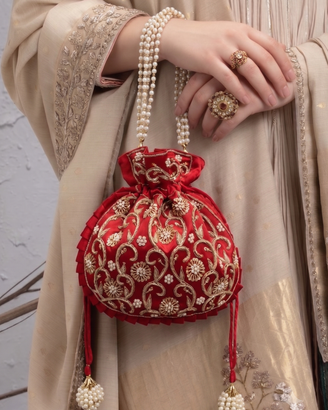 Red Silk Embroidered Women Potli Bag