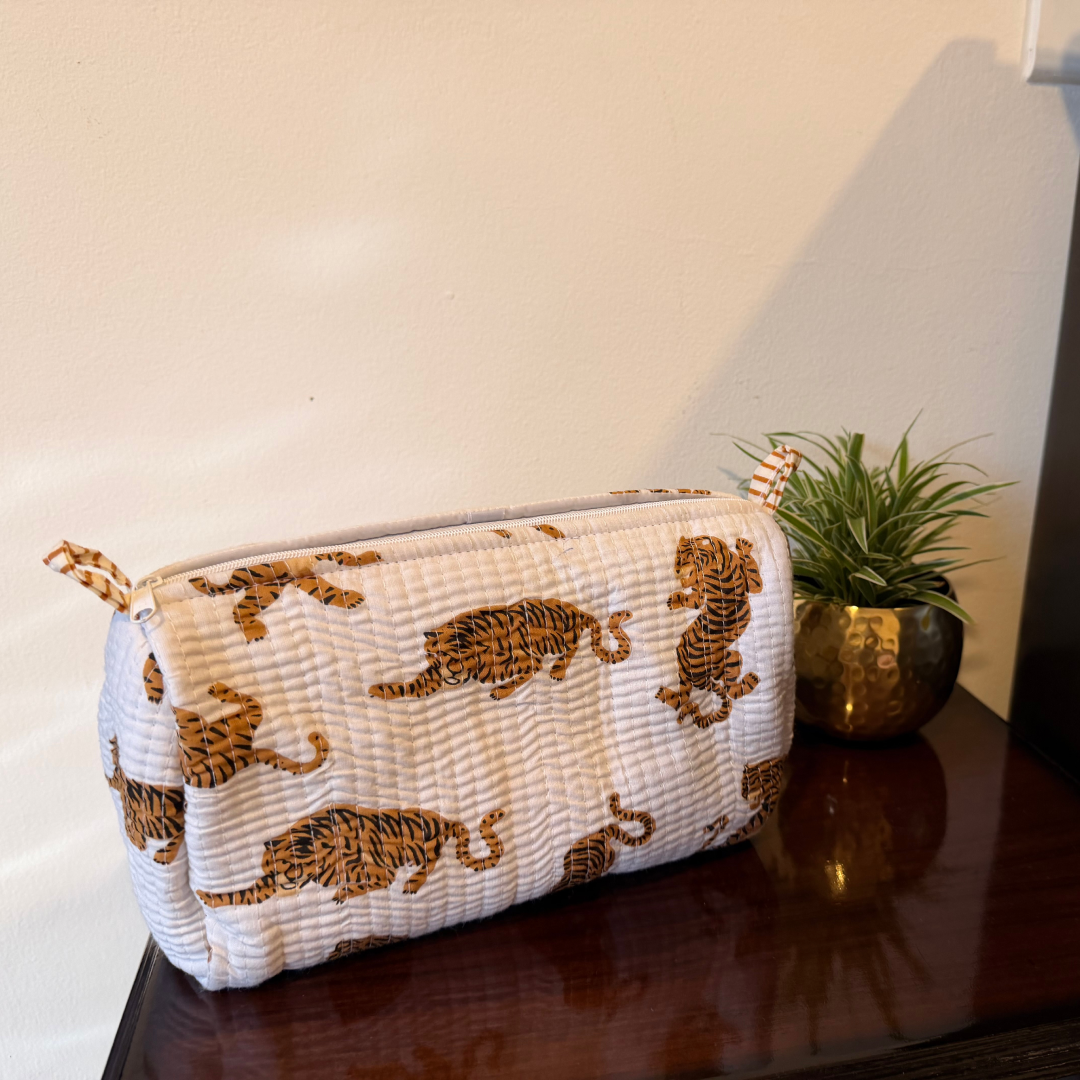3-Piece Quilted Cosmetic Organizer Pouch Set (Golden Tiger)