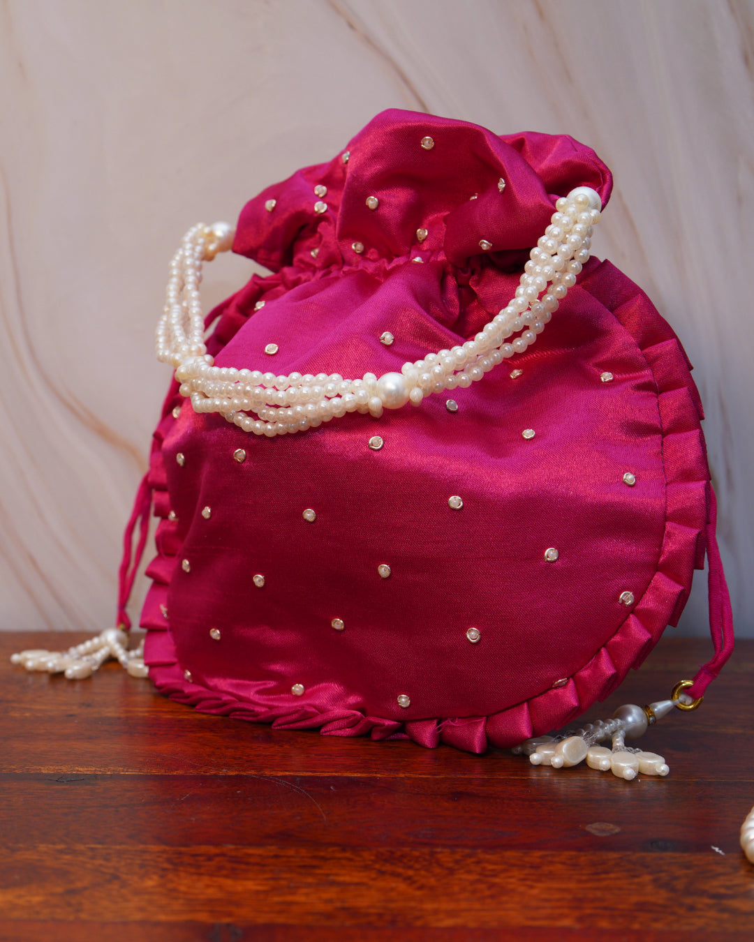 Magenta Rose Silk Embroidered Potli Bag (With Handle)