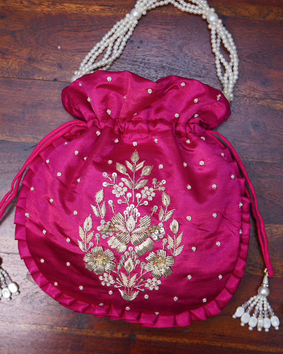 Magenta Rose Silk Embroidered Potli Bag (With Handle)