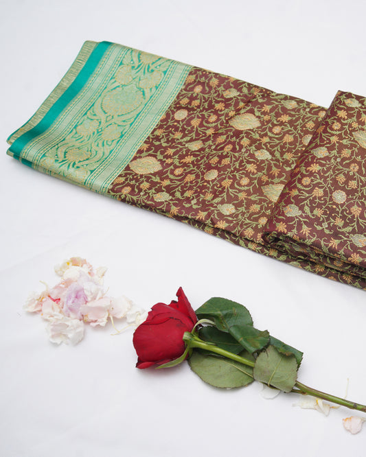 Maroon Soft Satin Silk Tanchoi Jamawar Banarasi Handloom Saree