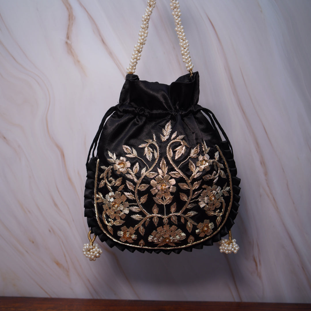 Midnight Noir Silk Embroidered Potli Bag (With Handle)