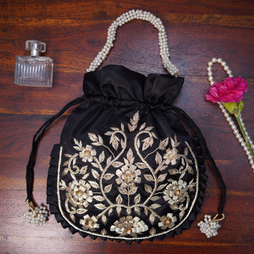 Midnight Noir Silk Embroidered Potli Bag (With Handle)