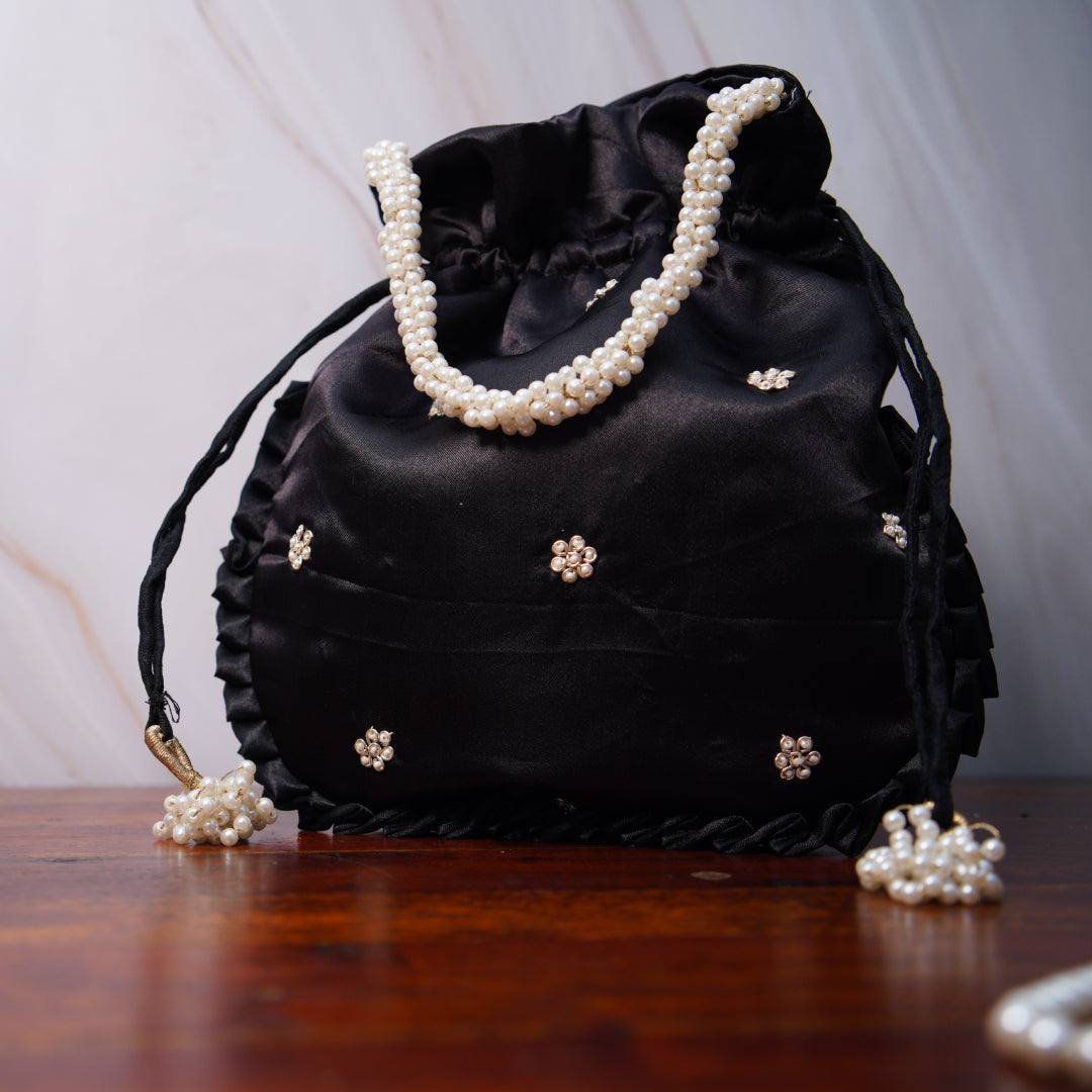 Midnight Noir Silk Embroidered Potli Bag (With Handle)
