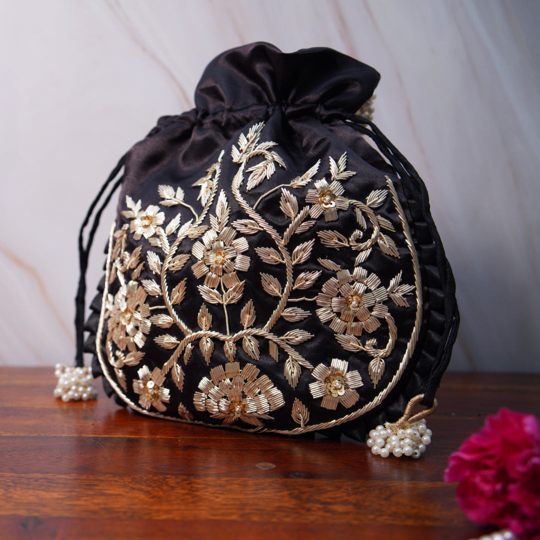 Midnight Noir Silk Embroidered Potli Bag (With Handle)