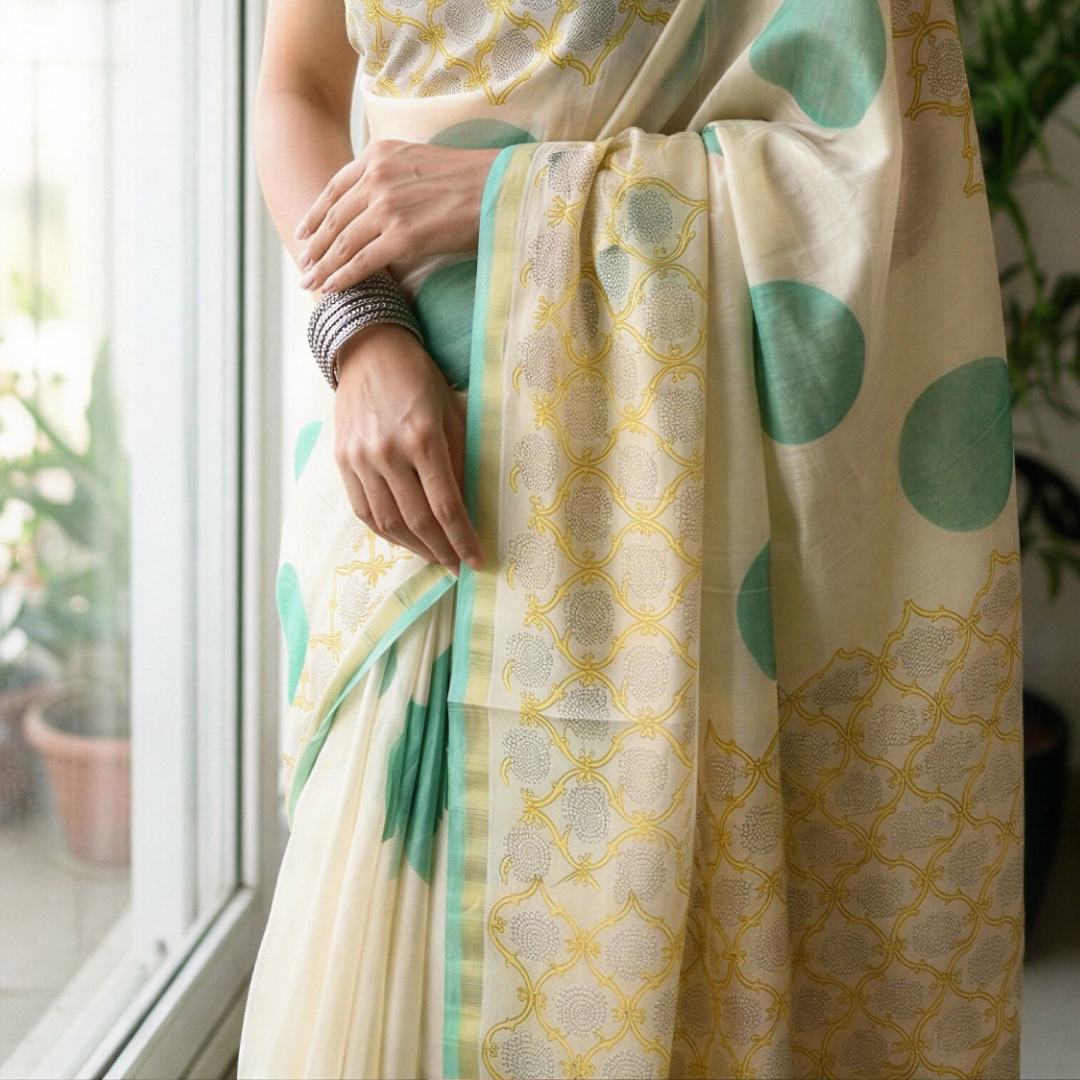 Mint Garden Hand Block Printed Chanderi Silk Saree with Blouse | Natural Dye Chanderi Saree