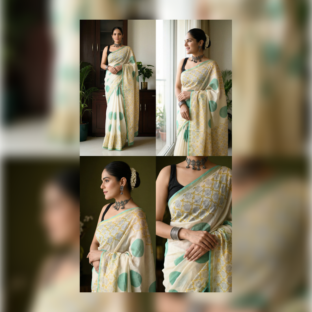Mint Garden Hand Block Printed Chanderi Silk Saree with Blouse | Natural Dye Chanderi Saree