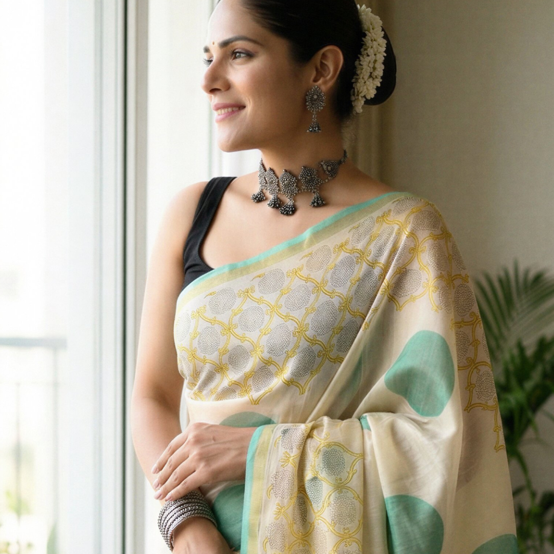 Mint Garden Hand Block Printed Chanderi Silk Saree with Blouse | Natural Dye Chanderi Saree