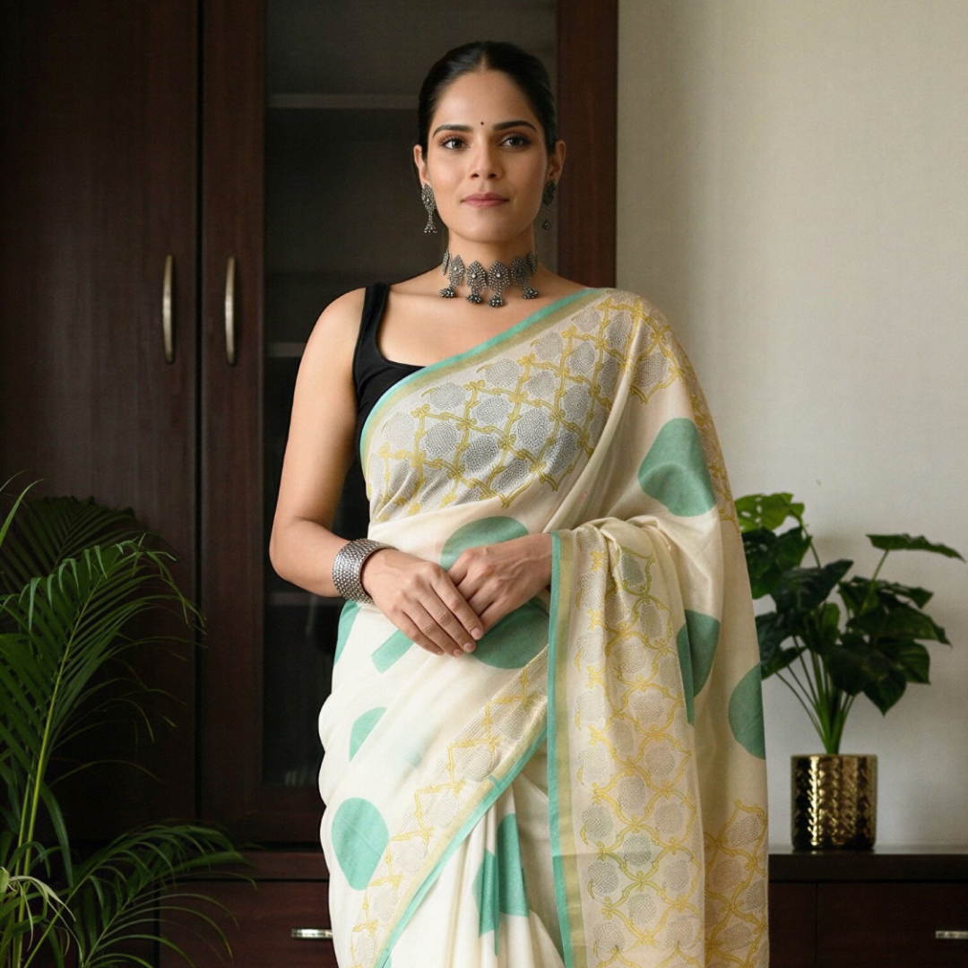 Mint Garden Hand Block Printed Chanderi Silk Saree with Blouse | Natural Dye Chanderi Saree