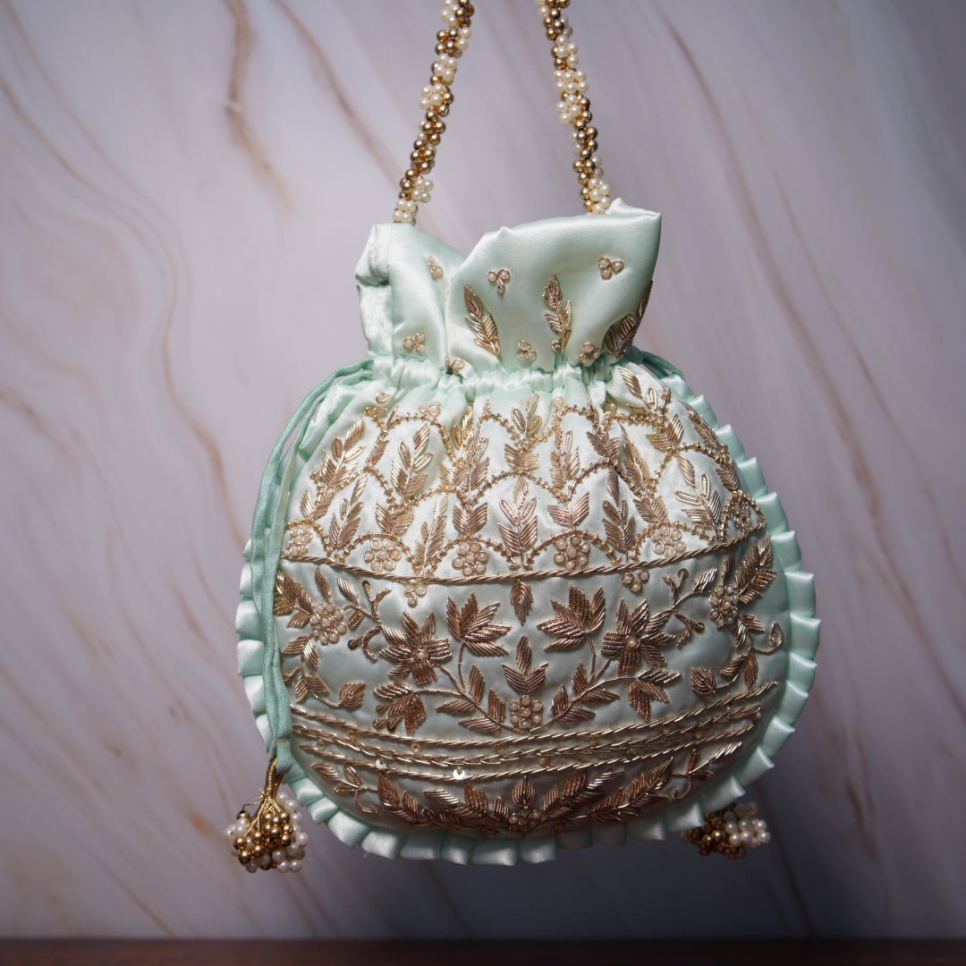 Iced blue Silk Embroidered Potli Bag (With Handle)